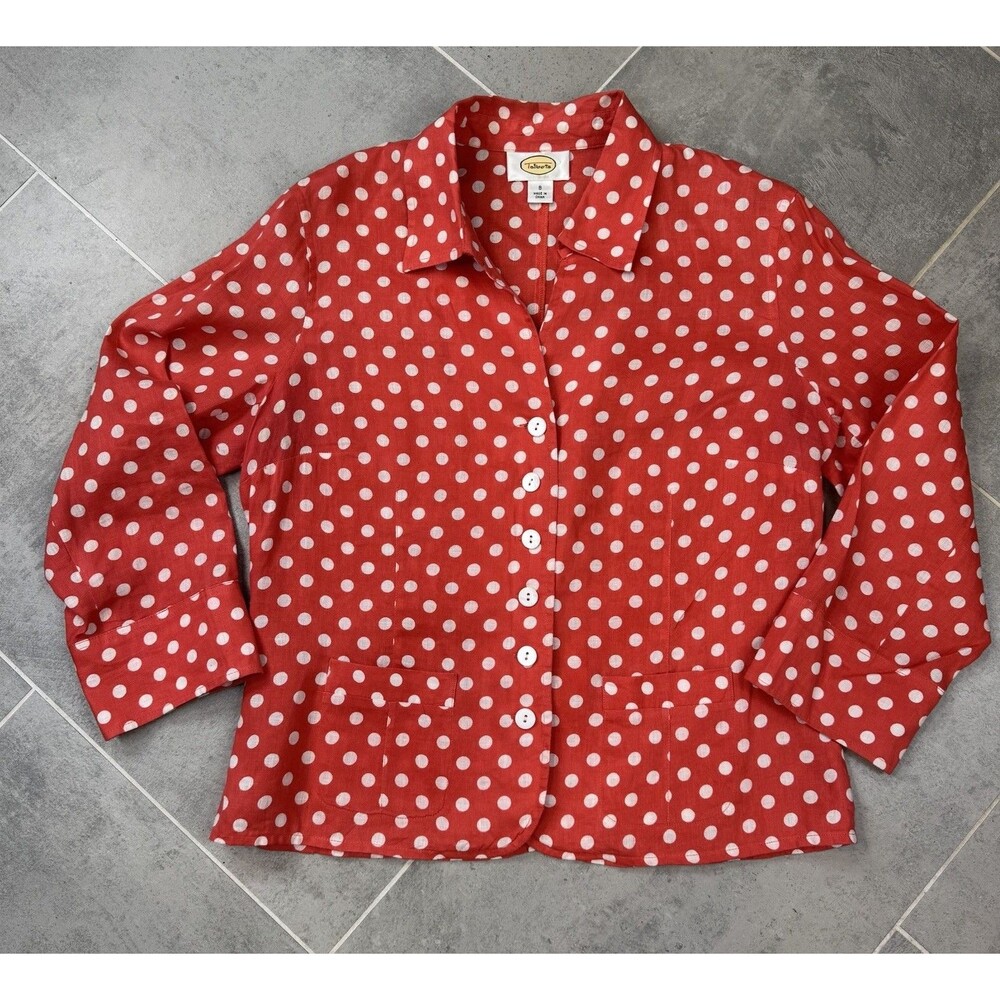 VTG Talbots Shacket Women 8 LightRed Polka Dot 100% Linen Button Up Shirt Jacket
